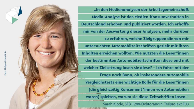 Sarah Klode: "In den Medienanalysen der Arbeitsgemeinschaft Media-Analyse ist das Medien-Konsumverhalten in Deutschland erhoben und publiziert worden. Ich erhoffe mir von der Auswertung dieser Analysen, mehr darüber zu erfahren, welche Zielgruppen die von mir untersuchten Automobilzeitschriften gezielt mit ihren Inhalten erreichen wollten. Wie nutzten die Leser*innen der bestimmten Automobilzeitschriften diese und mit welcher Zielsetzung lasen sie diese? – Ich fahre mit der Frage nach Bonn, ob insbesondere automobile Vergleichstests eine wichtige Rolle für die Leser*innen (die gleichzeitig Konsument*innen von Automobilen waren) spielten, warum sie diese Zeitschriften lasen."
Gestaltung: Jil Dirschauer