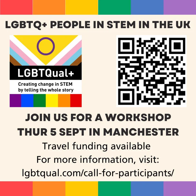 Image includes a pale yellow background with a rainbow border on the top and bottom with the LGBTQual  project logo and a QR code. Text reads: LGBTQ  people in STEM in the UK join us for a workshop Thursday 5 September in Manchester. Travel funding available. For more information, visit https://lgbtqual.com/call-for-participants/