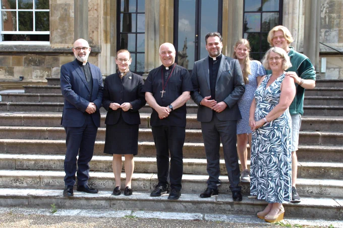 group in front of bishopthorpe palace. left-right: Jonathan Gough (Flora's husband), Flora Winfield, Stephen Cottrell, Barry Hill, Katy (Barry's daughter), Greg (Barry's son), Pep Hill (Barry's wife).