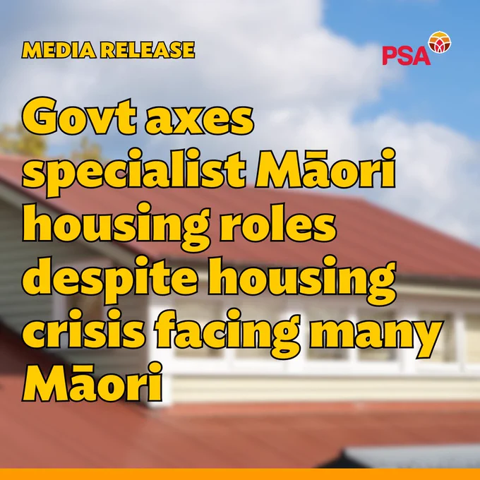 The Image is the top story of a weatherboard house, with the windows and orange roof visible. There is blue sky and part of the top of a tree in the background. “MEDIA RELEASE” is in the top left-hand corner in yellow. A red PSA logo is in the top right. Beneath is the headline “Govt’s war on science ramps up - big cuts planned for GNS Science” in large yellow text.