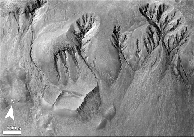 Crater rim gullies in Terra Sirenum, northwest of Newton Crater, HiRISE image ESP_022676_1410.