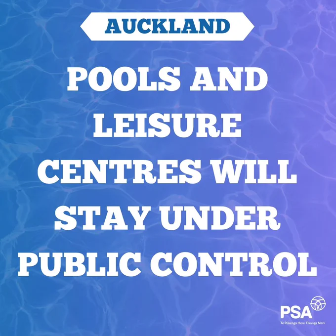 White text on a blue/purple background:
“Auckland: Pools and leisure centres will stay under public control.”