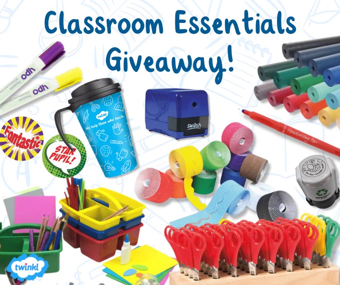 'Classroom Essentials Giveaway'
Images of the prizes, featuring:
 A 1 year FREE Ultimate Subscription
Glue sticks
Whiteboard pens
Handwriting pens
Scissors
Caddies
A Twinkl Mug
