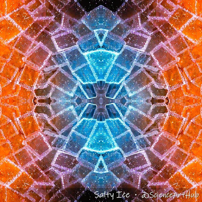 Image shows a color change of salty ice from orange to cyan corresponding to a temperature decrease upon cooling. Image by ©Alex Kirillov. @ScienceArtHub