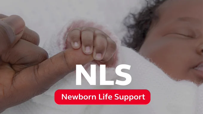 Image if of a baby folding a finger with text reading "NLS Newborn Life Support"