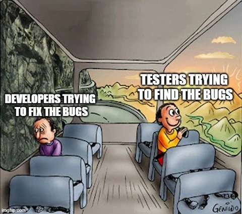 The image depicts a meme with two characters sitting on a bus, each looking out of different windows with contrasting scenes outside. The left side shows a character looking at a dark, rocky landscape with a sad expression, and the text "DEVELOPERS TRYING TO FIX THE BUGS" above them. The right side shows a character looking at a bright, sunny landscape with a happy expression, and the text "TESTERS TRYING TO FIND THE BUGS" above them. The meme humorously highlights the different perspectives of developers and testers in software development.