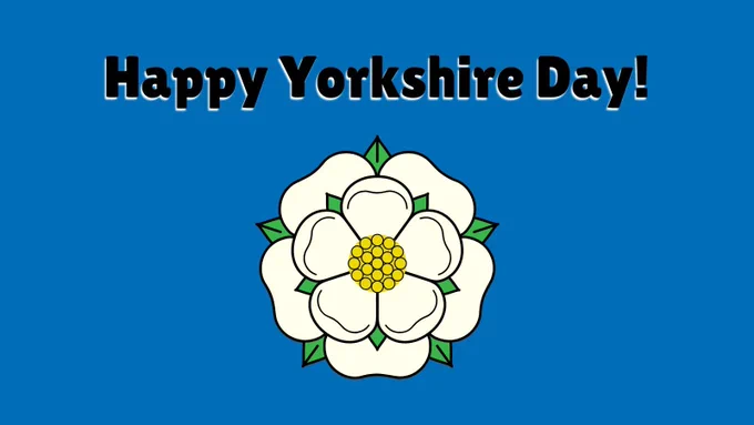 Blue background with a white Yorkshire rose and the words, 'Happy Yorkshire Day!'