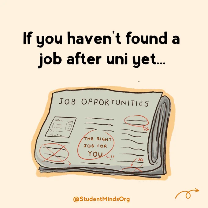 An illustration of a newspaper that says, 'Job opportunities. And there is a circle around 'the right job for you' 

The text above the illustration reads 'If you haven't found a job after uni yet' 