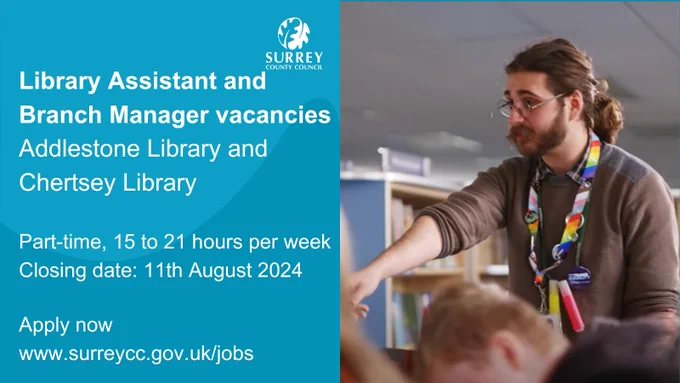 A library assistant with a cool rainbow lanyard running D&D in the library. Text reads Library Assistant and Branch Manager vacancies. Addlestone and Chertsey Libraries. Part-time, 15 to 21 hours per week. Closing date: 11th August 2024. Apply now: www.surreycc.gov.uk/jobs
