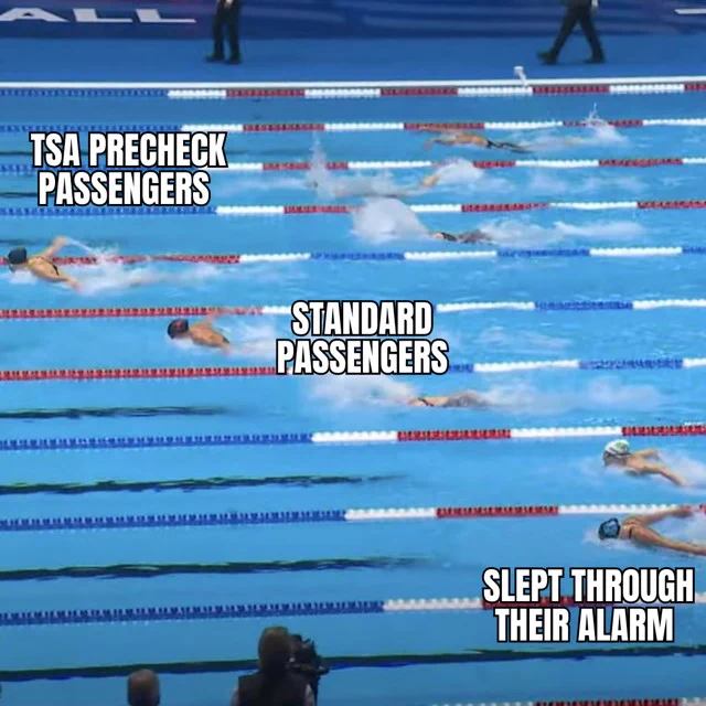 Olympics swimming meme. The front swimmers- TSA PreCheck Passengers. The middle swimmers- Standard Passengers. The last swimmers- slept through their alarm.