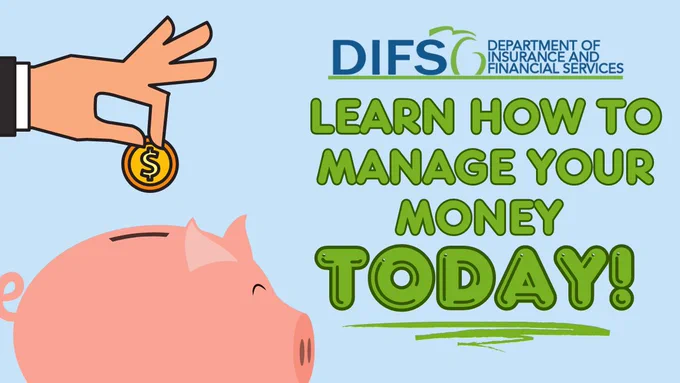 Hand putting coin in piggy bank next to text reading, “Learn how to manage your money today!”