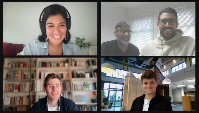 Screenshot of 5 people on a video call, they all have different backgrounds and are smiling.