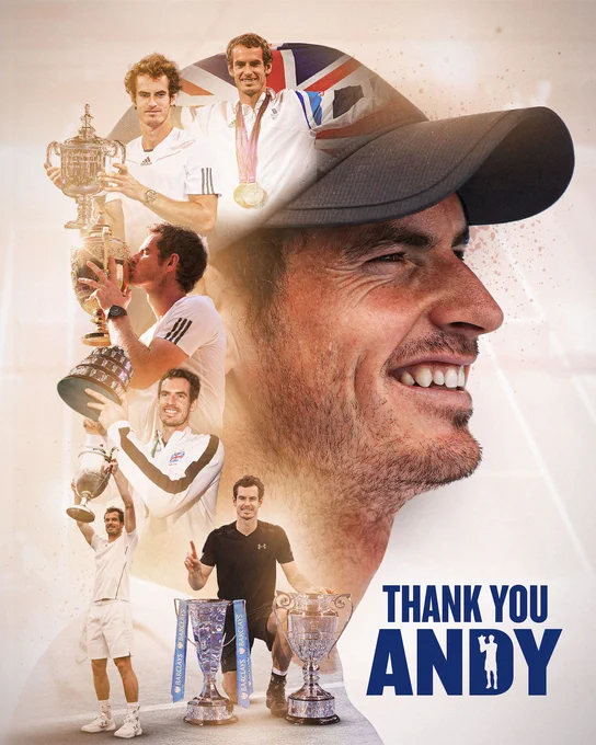 Graphic celebrating Andy Murray's career showing him win Olympic gold, US Open, Wimbledon, DavisCup, Queens and ATP Finals. 