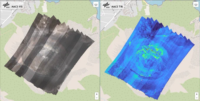 Die Echtzeitkarte im visuellen (links) und thermal-infraroten (rechts) Spektrum auf der Webseite.