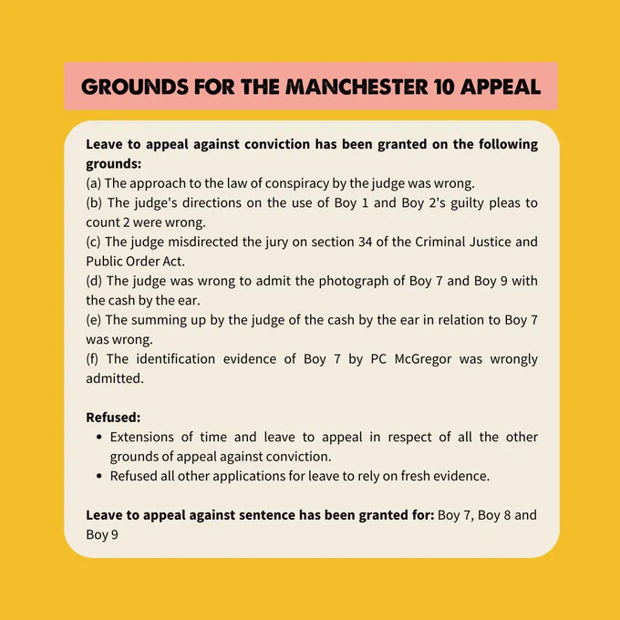 GROUNDS FOR THE MANCHESTER 10 APPEAL
Leave to appeal against conviction has been granted on the following grounds:
(a) The approach to the law of conspiracy by the judge was wrong.
(b) The judge's directions on the use of Boy 1 and Boy 2's guilty pleas to count 2 were wrong.
(c) The judge misdirected the jury on section 34 of the Criminal Justice and Public Order Act.
(d) The judge was wrong to admit the photograph of Boy 7 and Boy 9 with the cash by the ear.
(e) The summing up by the judge of the cash by the ear in relation to Boy 7 was wrong.
(f) The identification evidence of Boy 7 by PC McGregor was wrongly admitted.
Refused:
• Extensions of time and leave to appeal in respect of all the other grounds of appeal against conviction.
• Refused all other applications for leave to rely on fresh evidence.
Leave to appeal against sentence has been granted for: Boy 7, Boy 8 and Boy 9