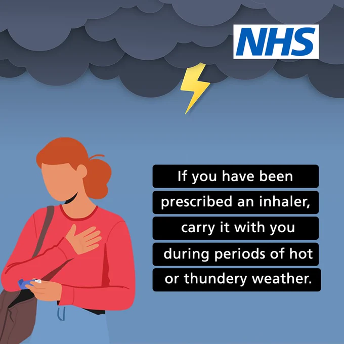 An illustration of a women holding an inhaler, clutching her chest. There are grey clouds and lightning in the background. Text in image reads; if you have been prescribed an inhaler, carry it with you during period or hot or thundery weather. 