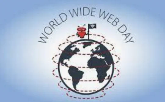 It's a logo for World Wide Web Day with a globe, a red robot, and a flag.