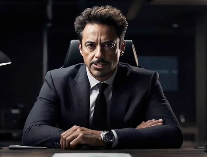 a picture of tony stark sitting at a desk with a powerful stance and facial expression. he's wearing a watch and business suit.