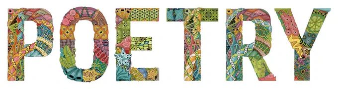 The word "POETRY" is depicted in uppercase letters, each filled with vibrant, colorful patterns and various nature-themed designs such as leaves, butterflies, and flowers. Each letter features intricate details and is distinctly styled.