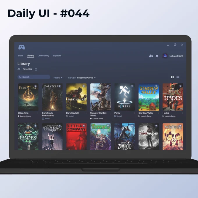 The image shows the UI Design screens for a video game launcher desktop application made in Figma. It highlights favourite video games. Users have options to filter the list, sort based on certain criteria like recently played and option to change views from grid view and list view. 