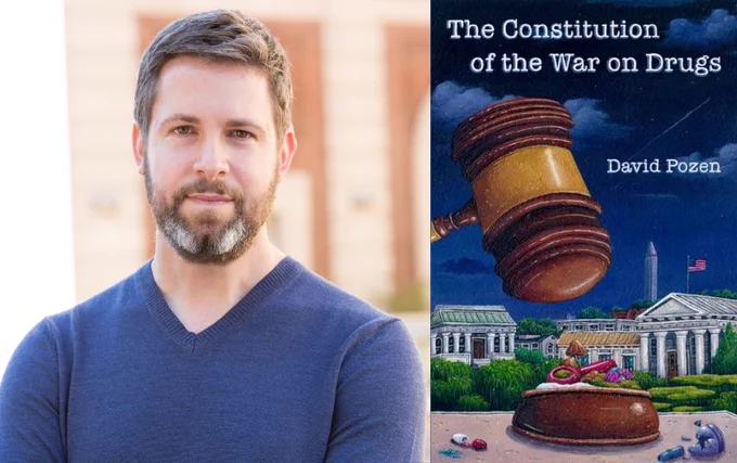 Professor David Pozen next to the cover of his book, “The Constitution of the War on Drugs.”