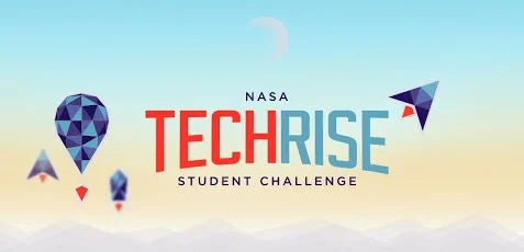 NASA TechRise Student Challenge banner, featuring geometric shapes crafted into balloons and rockets rising into the sky over a mountainous landscape