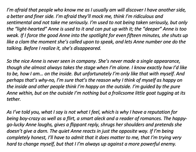 An excerpt from Anne Frank diary. She expresses feeling misunderstood emotionally, and details an internal conflict between personal happiness and external perceptions. Key terms include feeling "light-hearted" despite deeper issues, and a metaphorical "tug of war" inside them.