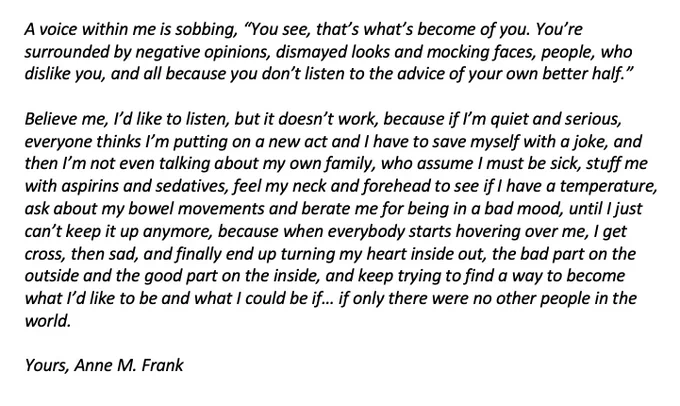 The image displays a page from "The Diary of Anne Frank" featuring a reflective passage in which Anne discusses the isolative impact of mockery and criticism, and her internal struggles and aspirations, set against her wartime hiding context.
