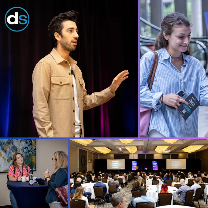 Digital Summit DC Recap photo collage - Jon Youshaei, attendee grabbing badge, attendees networking, full view of one of the session rooms