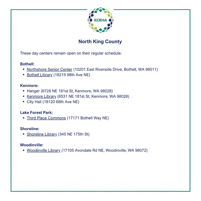 These images contain lists of available regional shelters for the July 5-14 severe weather protocols activation. All of this information can be more accessibly accessed at https://kcrha.org/resources/severe-weather-shelter/   