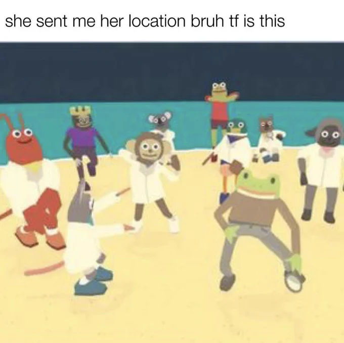 she sent me her location bruh what is this . and an image of the dance scene from frog detective 1