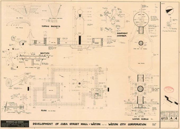Original plans for Cuba Mall redesign from 1969. Showing the iconic bucket fountain.