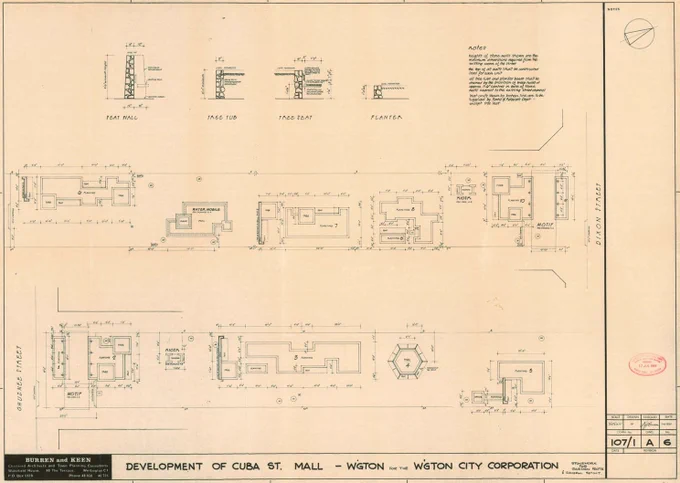 Original plans for Cuba Mall redesign from 1969. Showing layout of gardens and fountains on street.