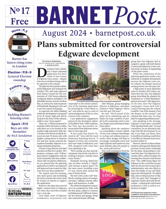 The front cover of August 2024's Barnet Post. Main headline: Plans submitted for controversial Edgware development