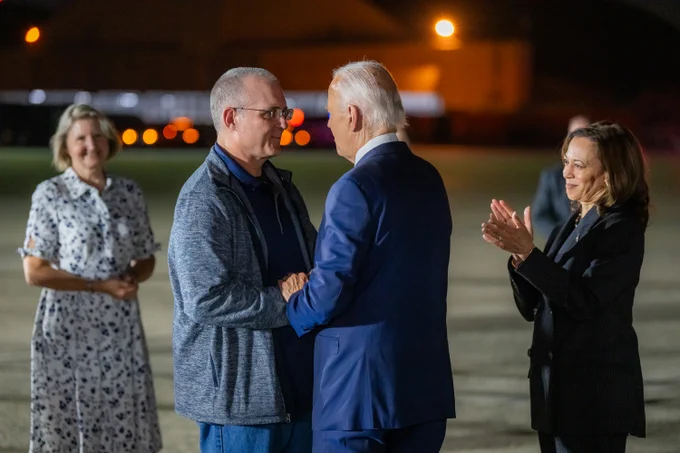 President Biden greets Americans previously detained in Russia on the tarmac of Joint Base Andrews.