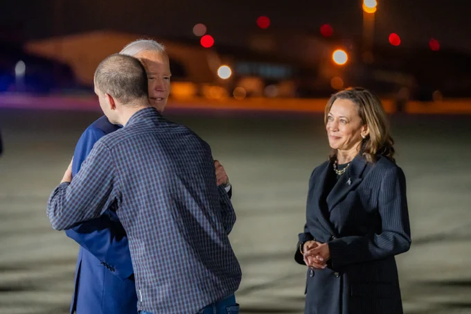 President Biden greets Americans previously detained in Russia on the tarmac of Joint Base Andrews.