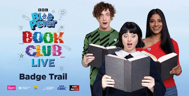 Blue Peter Book Club Live Badge Trail. The three Blue Peter presenters are holding open books with excited expressions on their face,