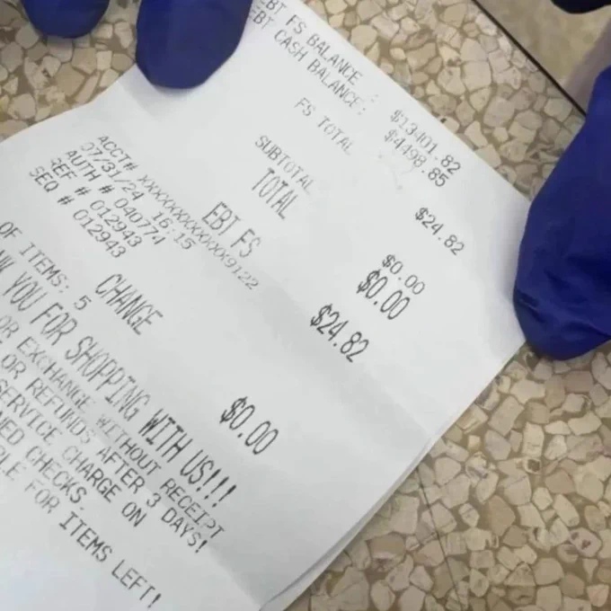Picture of receipt shows EBT Food Stamp balance of $13,401.82 and Cash balance of $4,498.85