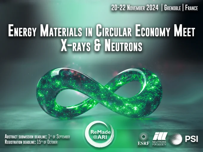  Very excited to announce our workshop:
"𝐄𝐧𝐞𝐫𝐠𝐲 𝐌𝐚𝐭𝐞𝐫𝐢𝐚𝐥𝐬 𝐢𝐧 𝐂𝐢𝐫𝐜𝐮𝐥𝐚𝐫 𝐄𝐜𝐨𝐧𝐨𝐦𝐲 𝐌𝐞𝐞𝐭 𝐗-𝐫𝐚𝐲𝐬 & 𝐍𝐞𝐮𝐭𝐫𝐨𝐧𝐬" !

It will be held at the ESRF in 𝐆𝐫𝐞𝐧𝐨𝐛𝐥𝐞, 𝐅𝐫𝐚𝐧𝐜𝐞, from 𝟐𝟎 𝐭𝐨 𝟐𝟐 𝐍𝐨𝐯𝐞𝐦𝐛𝐞𝐫 2024.

🔸 This event is organized jointly by the ESRF - The European Synchrotron, ILL - Institut Laue Langevin, and PSI Paul Scherrer Institut, and aims to bring together 
 🖐🏽 users of research infrastructure facilities with 
 🖐🏽 circular materials researchers curious about the advanced techniques available for characterisation of energy materials at the three host facilities.

🔮 You can expect presentations on cutting-edge development in the field of energy materials
 ☀ from harvesting (e.g., solar panels) 
 🔋 to storing (e.g., batteries and fuel cells) 
 ✨ and conversion (e.g., electrolysers and catalysis processes)
with examples of research within the circular economy ♻ 