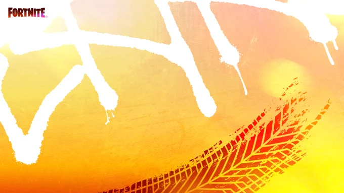 Tire tracks on an orange and yellow background with white graffiti