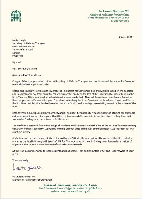 Letter to Secretary of State for Transport to encourage partners to restore the Gravesend to Tilbury Ferry.