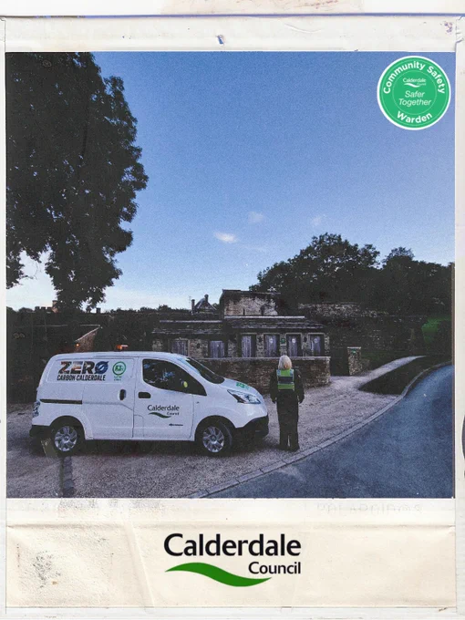 Community Safety Warden 338 stood outside Shibden Hall, next to a Calderdale Council NET ZERO van.