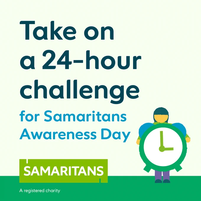 An illustration of a person holding an alarm clock beside the words Take on a 24-hour challenge for Samaritans Awareness Day, and the Samaritans logo. 