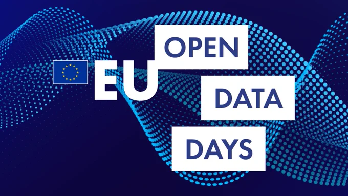 The title of the conference 'EU Open Data Days' stands out, wiith 'Open Data Days' in boxes. In the background are wavy dotted lines. The whole is suggestive of data and data visualisation. There is also the EU flag.