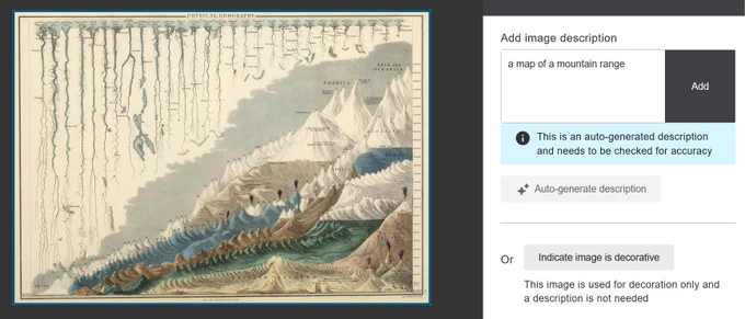 A chart comparing lengths of selected rivers and heights of selected mountains, from General Atlas Of The World by Adam & Charles Black, Sidney Hall and William Hughes, published in Edinburgh by A & C Black in 1854.

Ally suggests this alt text, "A map of a mountain range".