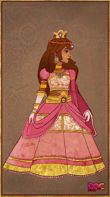 A flat illustration of Princess Peach dressed as a Maharani wearing south Asian  jewellery and henna