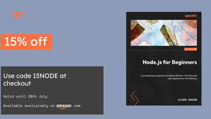 The advertisement offers a 15% discount on the book, with a promo code "15NODE" to be used at checkout. The offer is valid until July 29th and the book is available exclusively on Amazon.com. The image features a book titled "Node.js for Beginners" by Ulises Gascón