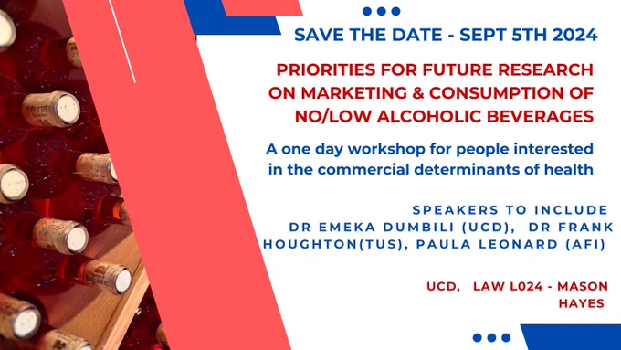 Join us on Thursday, Sept 5 (10 am-4.30pm) for a workshop on ‘‘Priorities for Future Research on Marketing and Consumption of NoZero and Low Alcoholic Beverages (NoLo) in Ireland: A One-Day Workshop with People Interested in Commercial Determinants of Health’’.  Co-organised by Emeka Dumbili (UCD School of Sociology) and Paula Leonard (Alcohol Forum Ireland), the workshop is a collaborative effort that will bring together commercial determinants of health (CDoH) researchers, advocates, charity organisations, members of CSOs and the general public.
Together, we will explore available evidence regarding NoLo marketing, consumption, and health implications in Ireland and determine areas to prioritise in the research and advocacy around NoLo/alcohol and health. We aim to build capacity for alcohol and other CDoH research/advocacy in Ireland. This HRB-funded event will feature presentations, plenary & workshops. Venue is at UCD LAW L024 Mason Hayes, UCD. You may apply for €50 bursary.