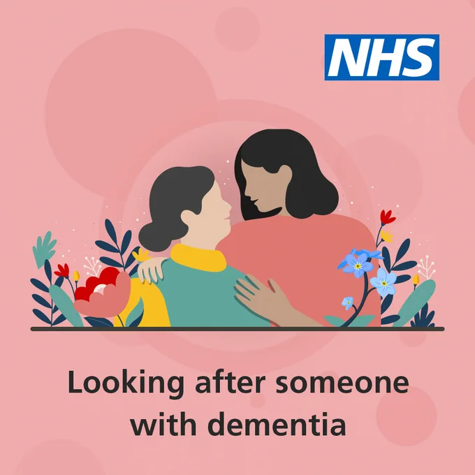 An illustration of a person comforting an older person. The text in the lower third of the image reads: 'Looking after someone with dementia'