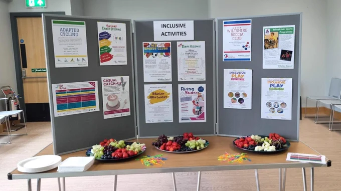Picture of a noticeboard entitled 'Inclusive Activities'. The noticeboard displays posters advertising different inclusive activities. There is also three big plates of fruit in front of the board.